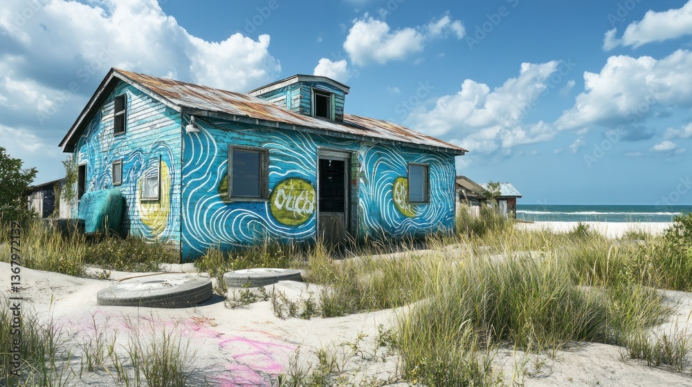 Obraz premium Abandoned beach house with vibrant murals