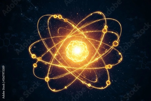 Glowing atomic structure with swirling electrons around a bright nucleus, symbolizing nuclear energy, quantum physics, and futuristic technology. Perfect for science, research, and innovation themes.