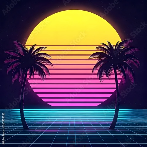 A nostalgic 80s vaporwave sunset with palm trees and neon lights, AI Generated