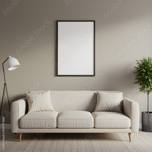Minimalist interior mockup with blank frame. Empty frame wall poster mockup. Interior mockup with modern design. Contemporary interior scene
