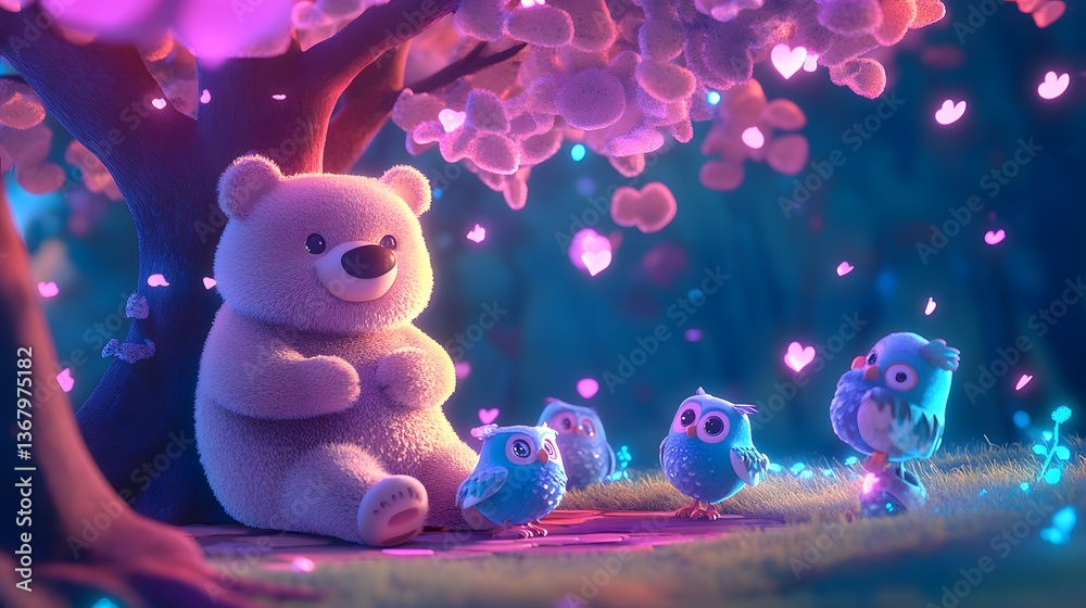 Fototapeta premium Gentle Bear with Owl Friends in Bloom of excellence in splendor beyond compare with grace in style