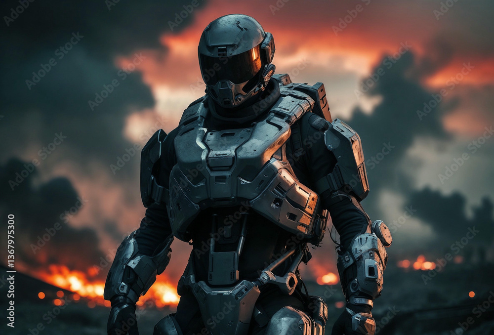 A lone futuristic soldier emerges from the flames, standing tall amidst the ruins of war. A lone futuristic soldier emerges from the flames, standing tall amidst the ruins of war.