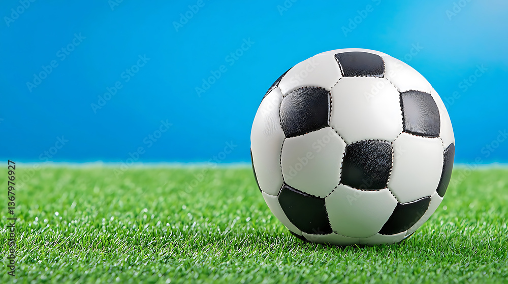 Obraz premium classic black and white soccer ball resting vibrant green grass, set against bright blue background, evokes sense