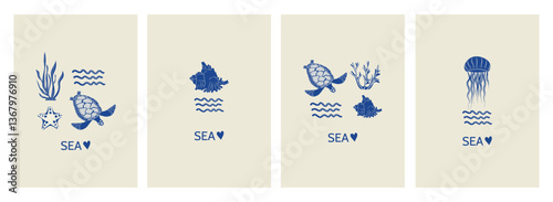 A set of minimalistic summer prints, vertical posters, covers, backgrounds with marine animals and plants. Hand-drawn blue ink sea turtle, jellyfish, coral, shell, starfish. Vector illustration