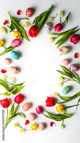Easter. Floral Easter frame with tulips and painted eggs on the white background. Top view.