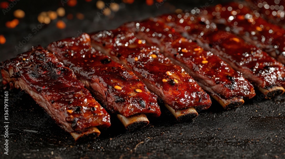 Succulent grilled ribs coated in a rich, glossy glaze, showcasing a tempting array of spices, served on a dark background. Succulent grilled ribs coated in a rich, glossy glaze, showcasing a tempting array of spices, served on a dark background.