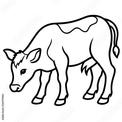 Line art vector silhouette of a small baby cow grazing in a field 