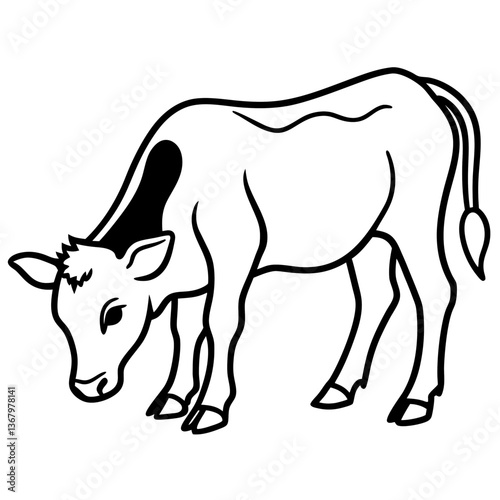 Line art vector silhouette of a small baby cow grazing in a field 