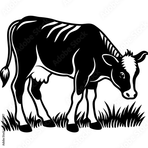 Line art vector silhouette of a small baby cow grazing in a field 