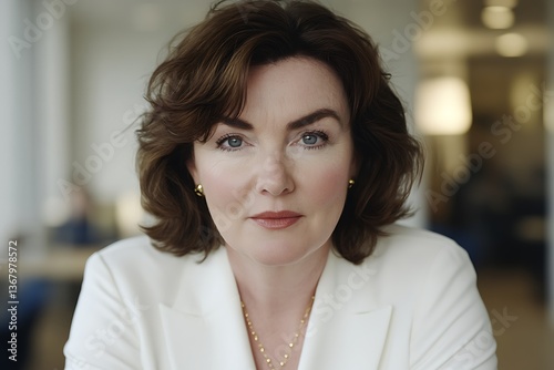 A beautiful woman in a white blazer looking directly at viewer