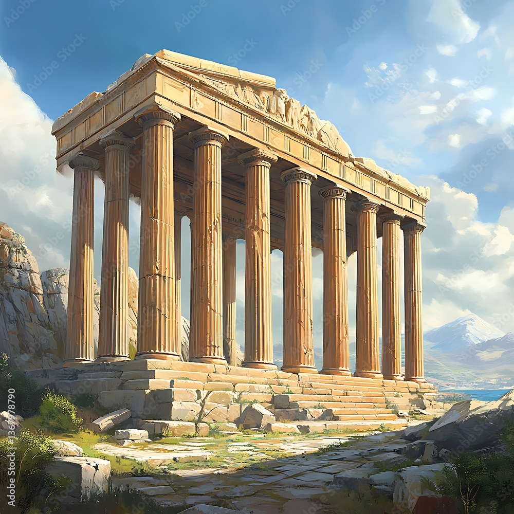 Fototapeta premium Classical architecture ruins surrounded by trees and vast Greek landscapes