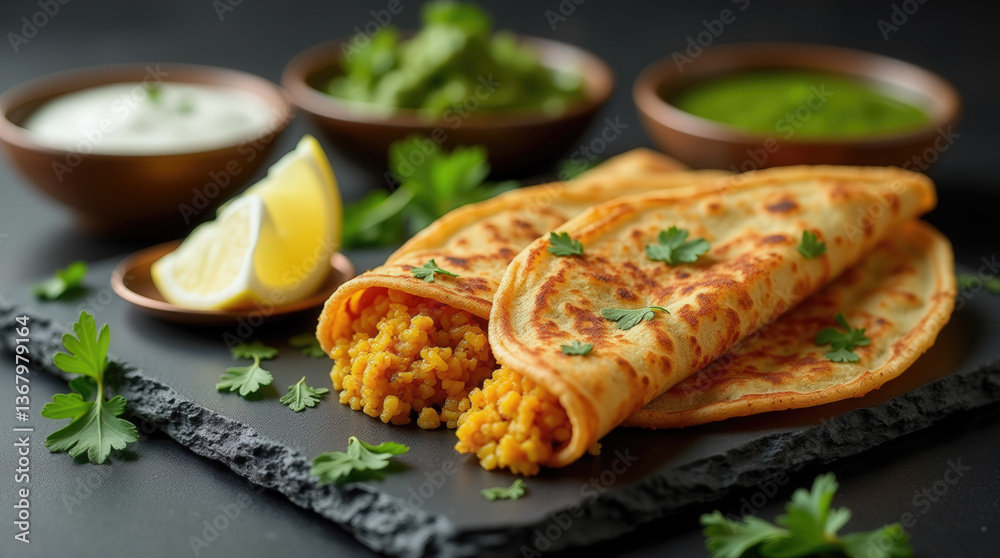 Stuffed parathas are presented on a black slate serving tray, accompanied by vibrant green chutneys, yogurt, and a slice of lemon, creating an inviting culinary experience