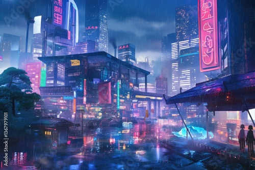 A futuristic city in the rain with neon lights is shown