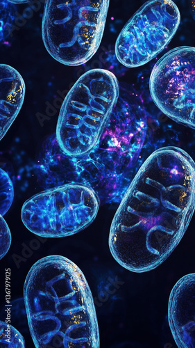 Futuristic phone wallpaper featuring glowing blue mitochondria with intricate inner detail.

