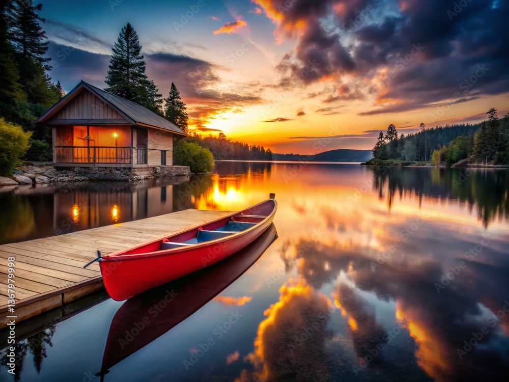 Obraz premium Red Canoe on Calm Lake at Sunset - Stunning Architectural Lakeside View