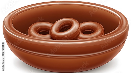 Several chocolate ring shaped candies inside a brown ceramic bowl
