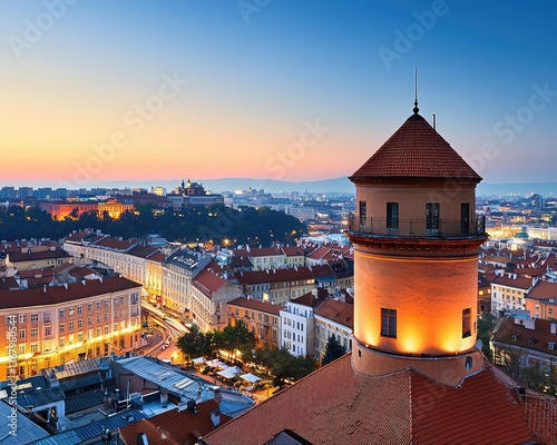 A stunning sunset view over a city, featuring a historic tower amidst a mix of modern and traditional architecture.