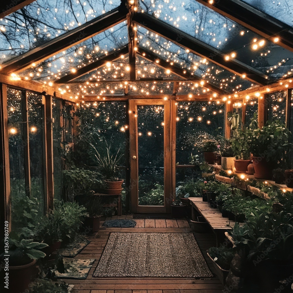 Obraz premium Illuminated Greenhouse Garden at Night