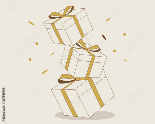 Elegant Beige and Gold Gift Boxes with Ribbons and Confetti Design.