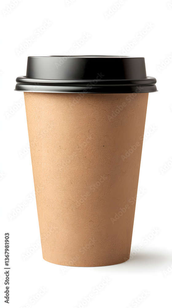 Brown eco-friendly paper coffee cup with black lid on white background, perfect for featu your with ample copy space for text or graphics Brown eco-friendly paper coffee cup with black lid on white background, perfect for featu your with ample copy space for text or graphics