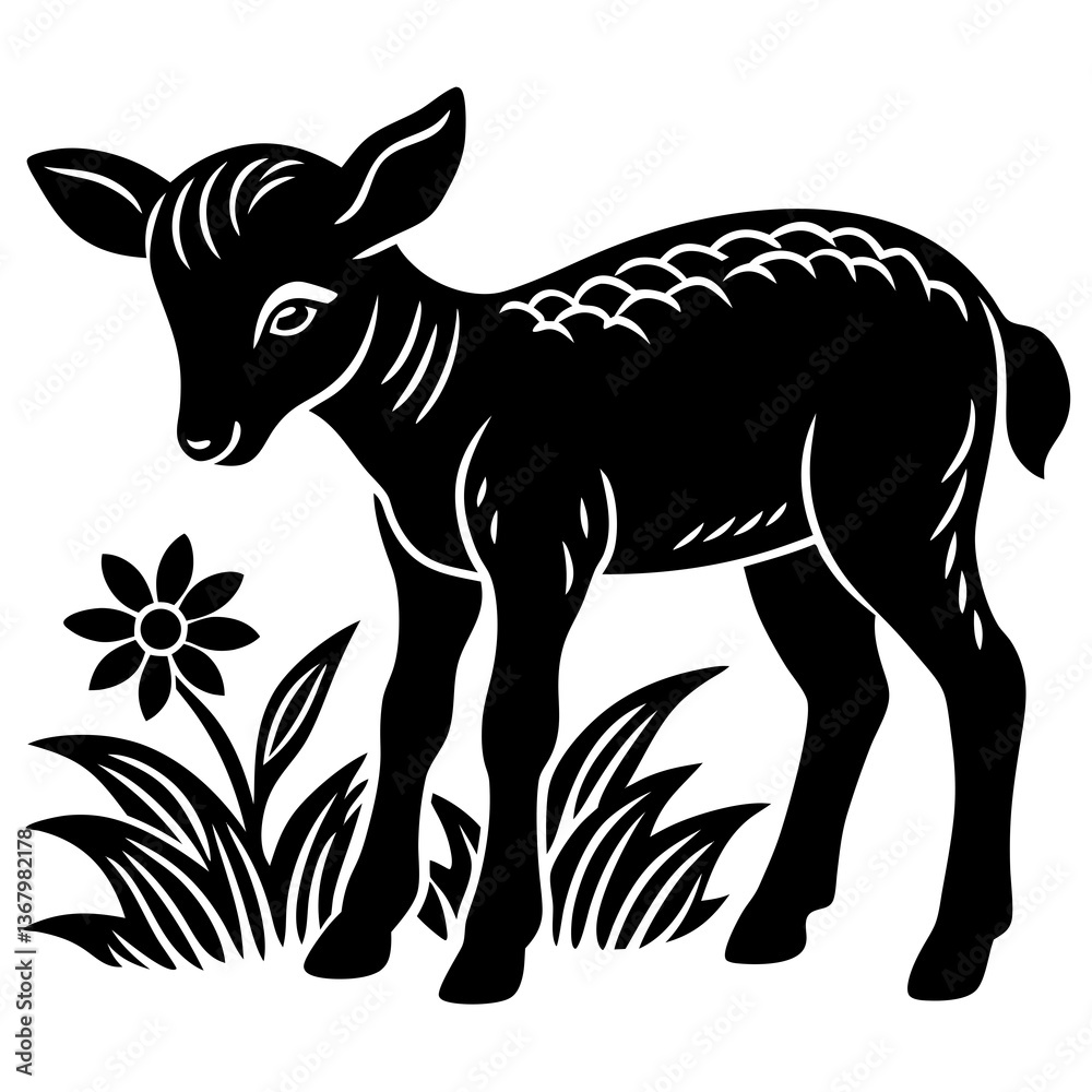 Fototapeta premium Line art vector silhouette of a small baby cow grazing in a field, representing spring