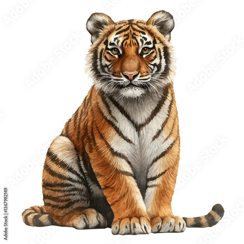 A watercolor of a tiger, isolated on a white background. Tiger vector.

