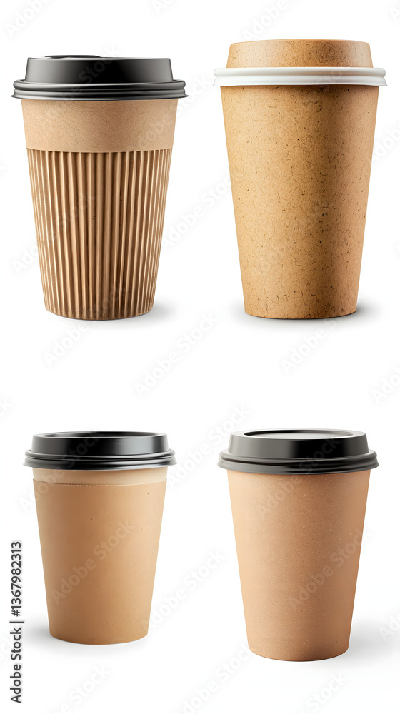 Four eco-friendly coffee cups with varied lids showcasing detailed recyclable material texture against a white background with ample copy space Four eco-friendly coffee cups with varied lids showcasing detailed recyclable material texture against a white background with ample copy space
