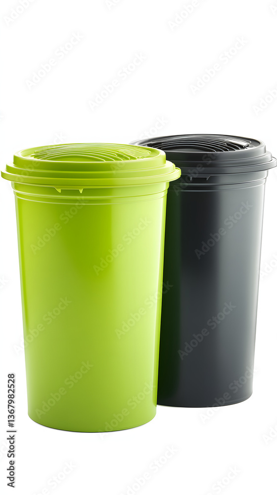 Two eco-friendly cylindrical containers in lime green and dark gray with lids on white background, ample copy space for ing or advertising needs Two eco-friendly cylindrical containers in lime green and dark gray with lids on white background, ample copy space for ing or advertising needs