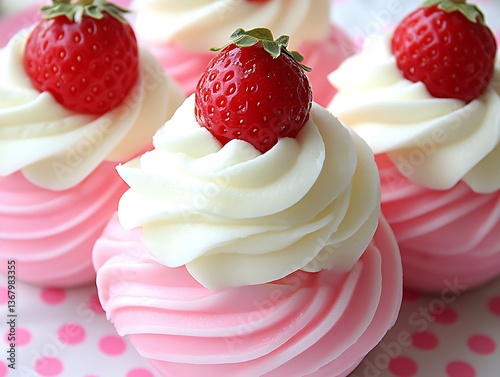 Delicious frosted cupcakes topped with ripe strawberries are beautifully arranged