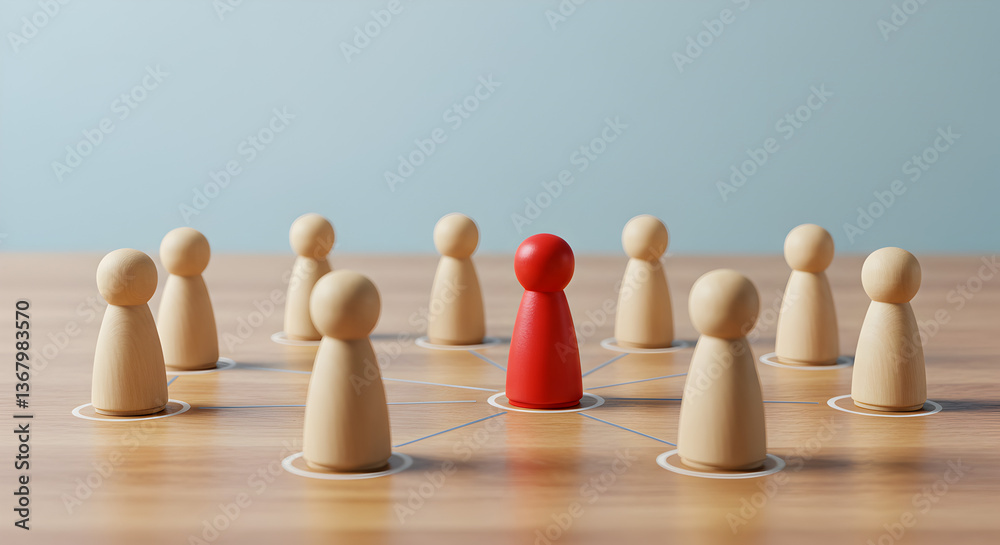Wooden Figurines Depicting Leadership and Networking on Wood Table against Light Blue Background Wooden Figurines Depicting Leadership and Networking on Wood Table against Light Blue Background