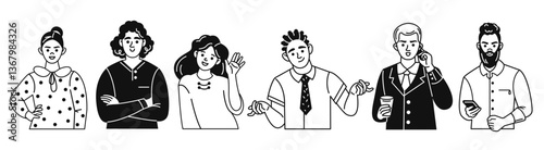 A set of vector doodle characters. Nice people, men and women. Contour linear black and white graphics