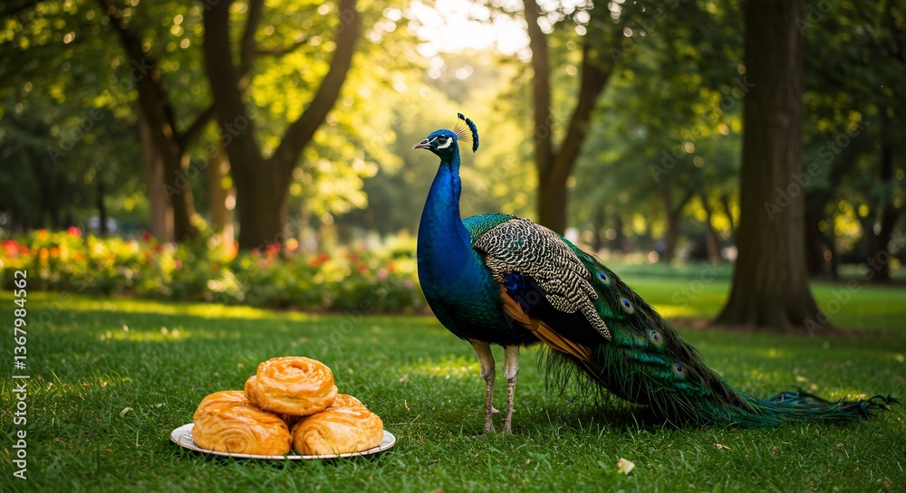 Fototapeta premium 緑豊かな公園、穏やかな光差し込む朝、孔雀と焼きたてパン 美しい構図