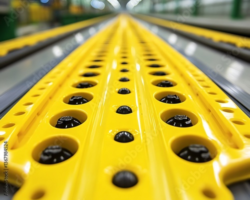 An industrial yellow conveyor belt with black rounded components shown