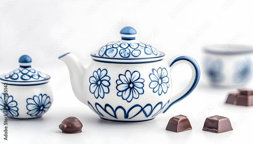 Blue floral teapot, sugar bowl, and chocolate squares on white background Blue floral teapot, sugar bowl, and chocolate squares on white background