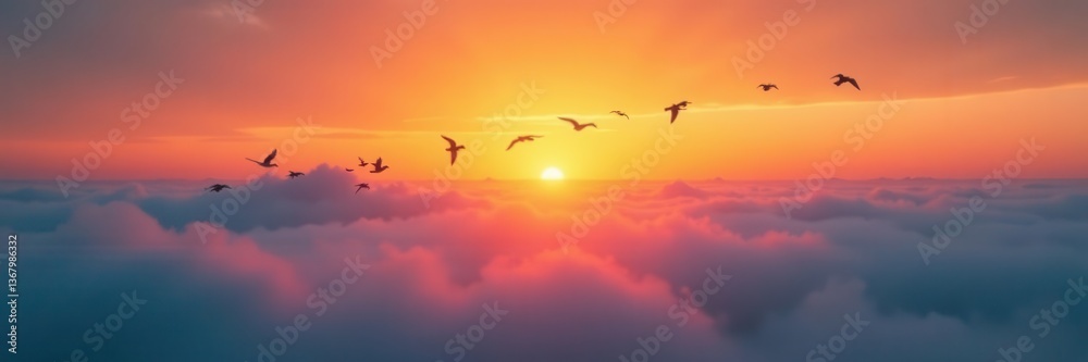 Fototapeta premium Low-hanging fog, flock of birds silhouetted against sunrise, stock photo, sunrise