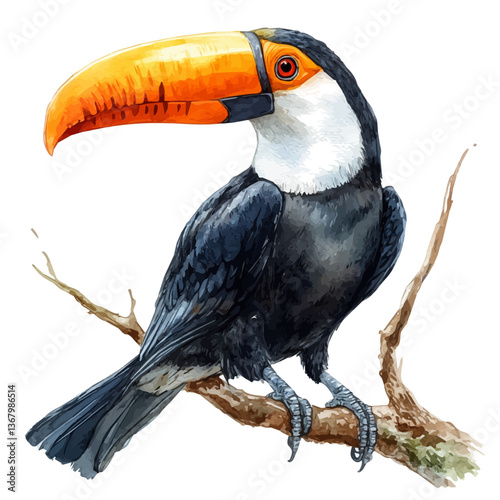 A watercolor of a toucan, isolated on a white background. Toucan vector.

