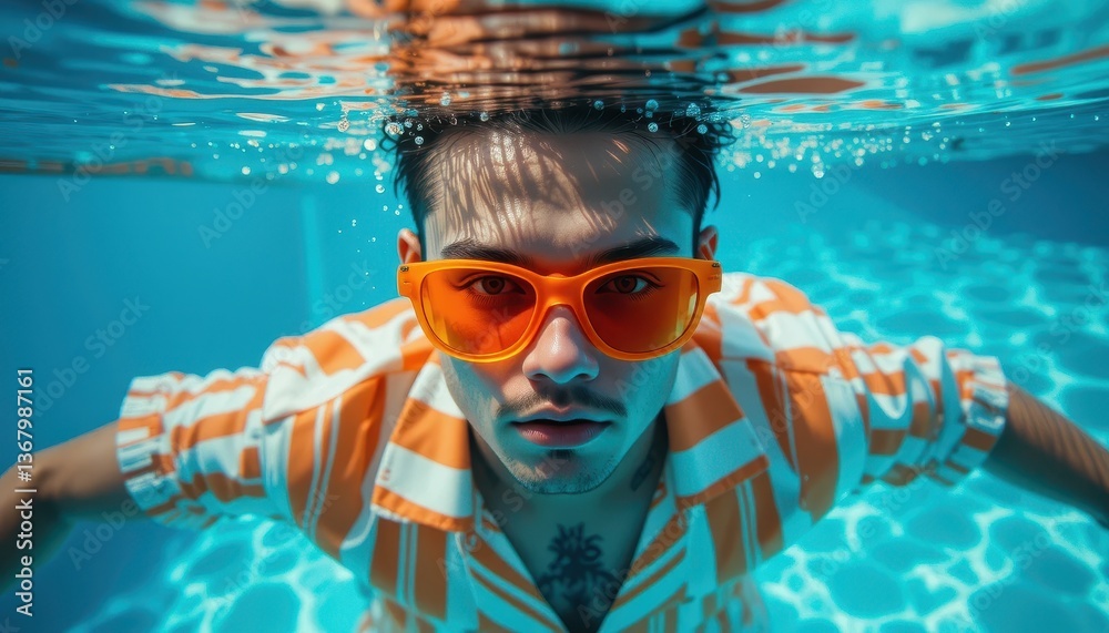 Fototapeta premium Man in pool wearing orange sunglasses