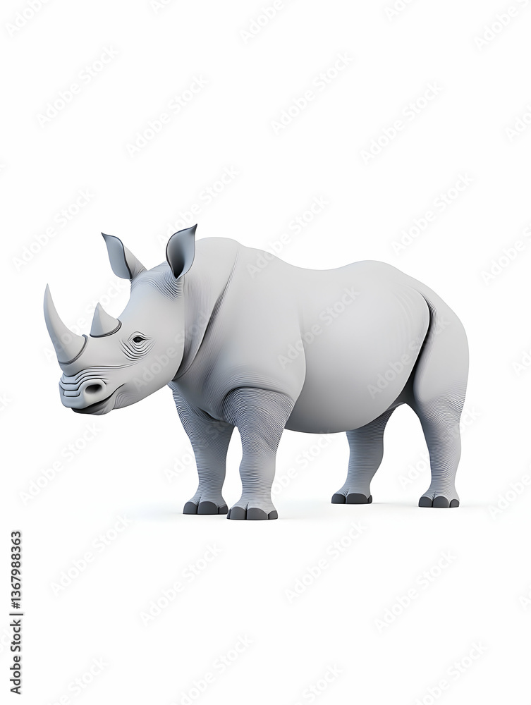 Fototapeta premium Cartoon rhino, grey, standing, isolated on white background