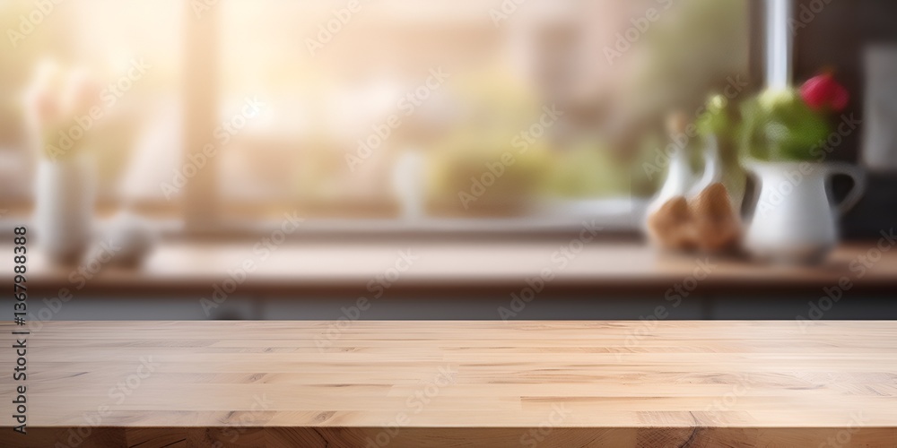 Empty, beautiful wooden table top on a blurred kitchen interior background in a modern home. Generative AI art. For product display montage. Banner design stock photo, high quality. - bokeh background Empty, beautiful wooden table top on a blurred kitchen interior background in a modern home. Generative AI art. For product display montage. Banner design stock photo, high quality. - bokeh background