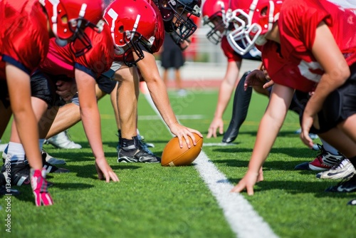 Youth football teams facing off at line of scrimmage on grass field