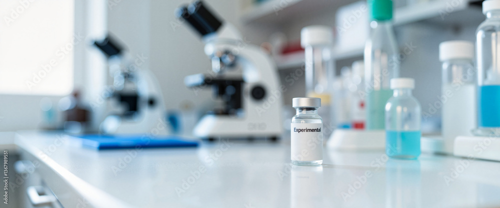 Experimental vaccine vial on laboratory countertop, scientific research Experimental vaccine vial on laboratory countertop, scientific research
