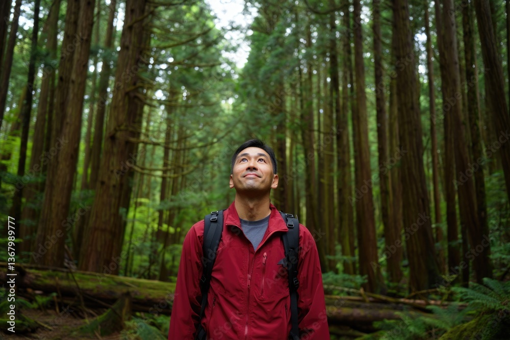 Young asian male hiker exploring lush forest with tall trees Young asian male hiker exploring lush forest with tall trees