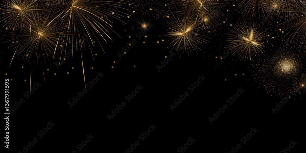 Naklejka premium Festive golden fireworks on a black background, a New Year celebration concept banner design 