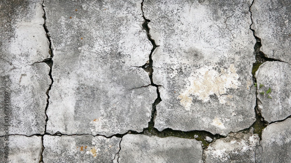 Obraz premium Cracked gray concrete pavement showing deterioration and weathering.
