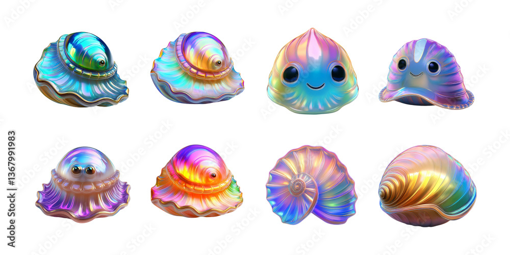 Colorful Cartoon Shell Characters with Charming Expressions and Designs, holographic of Iridescent Kawaii 3D, Isolated on Transparent background Colorful Cartoon Shell Characters with Charming Expressions and Designs, holographic of Iridescent Kawaii 3D, Isolated on Transparent background