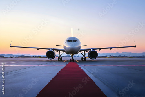 A plane on the taxiway with a red carpet symbolizes grandeur and elegance against the crisp morning sky.