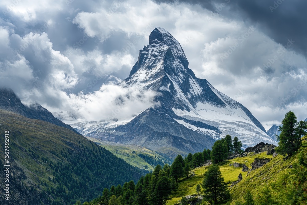 Majestic matterhorn peak looming over green valley in swiss alps under cloudy sky Majestic matterhorn peak looming over green valley in swiss alps under cloudy sky