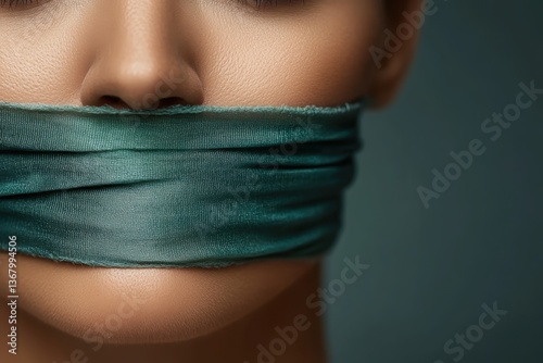 Woman's mouth covered with teal cloth symbolizing censorship and silence photo