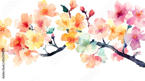 A watercolor painting of a tree with pink, yellow, and orange flowers