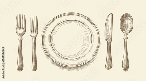 A sketched illustration of a plate setting with two forks, a plate, knife, and spoon on a table